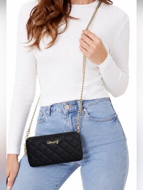 Bewaltz Black Quilted Wallet Crossbody Bag NWT Gold Chain